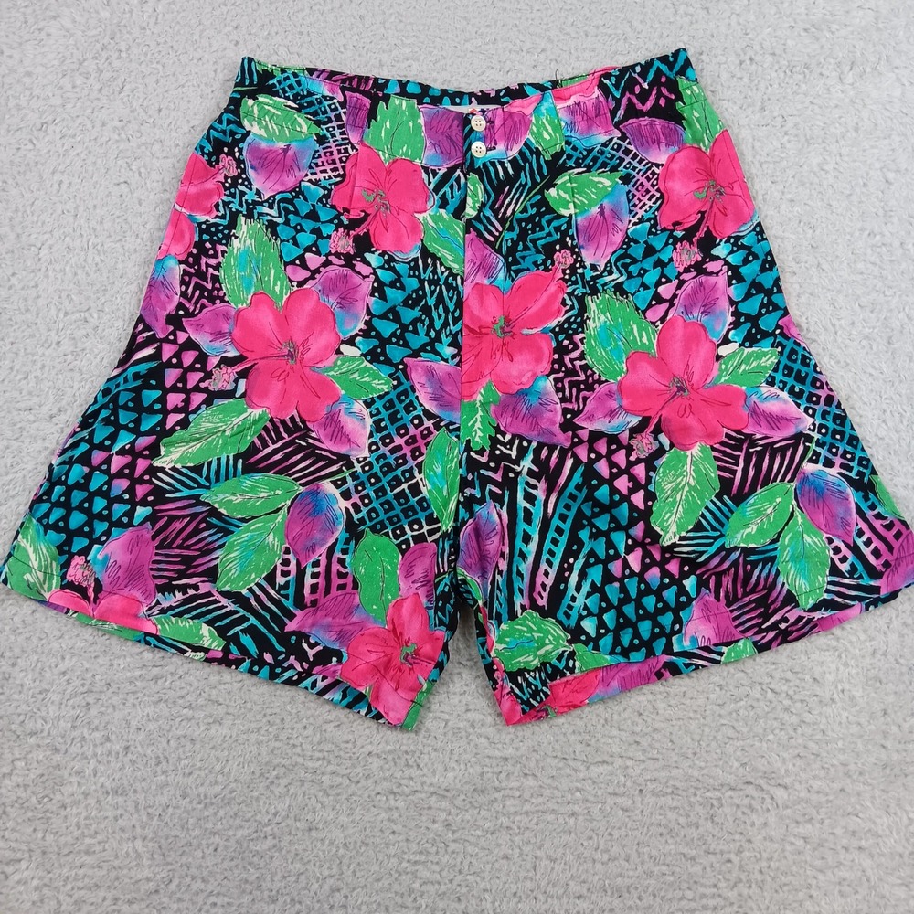 VTG French Navy Short Hibiscus Floral Women 10-12 Multicolor Rayon 90s RN 11935